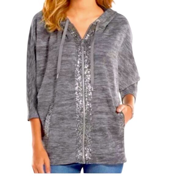 Juicy Couture Y2K Vintage Gray Sequins J Pull Tab Oversized Sweatshirt L - Picture 1 of 13